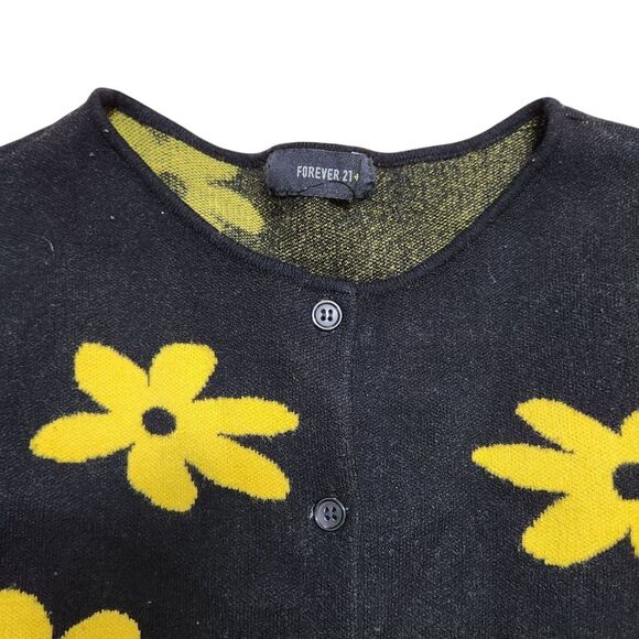 🇬🇪🔹️Forever 21 Black w/Yellow Daisies Knit Long Sleeve Sweater Large - Picture 5 of 9